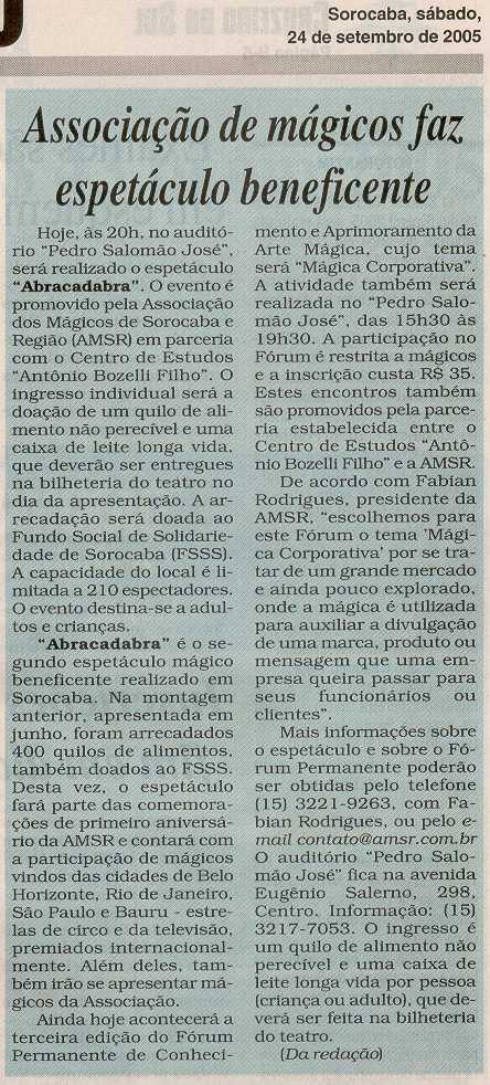 Mat�ria Publicada em 24/09/2005 no caderno Mais Cruzeiro
